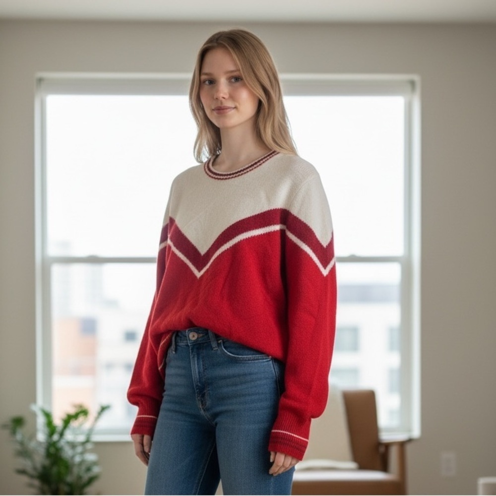 Immagini - Chic Red and White Women's Crew Neck Sweater - Designed - Size M